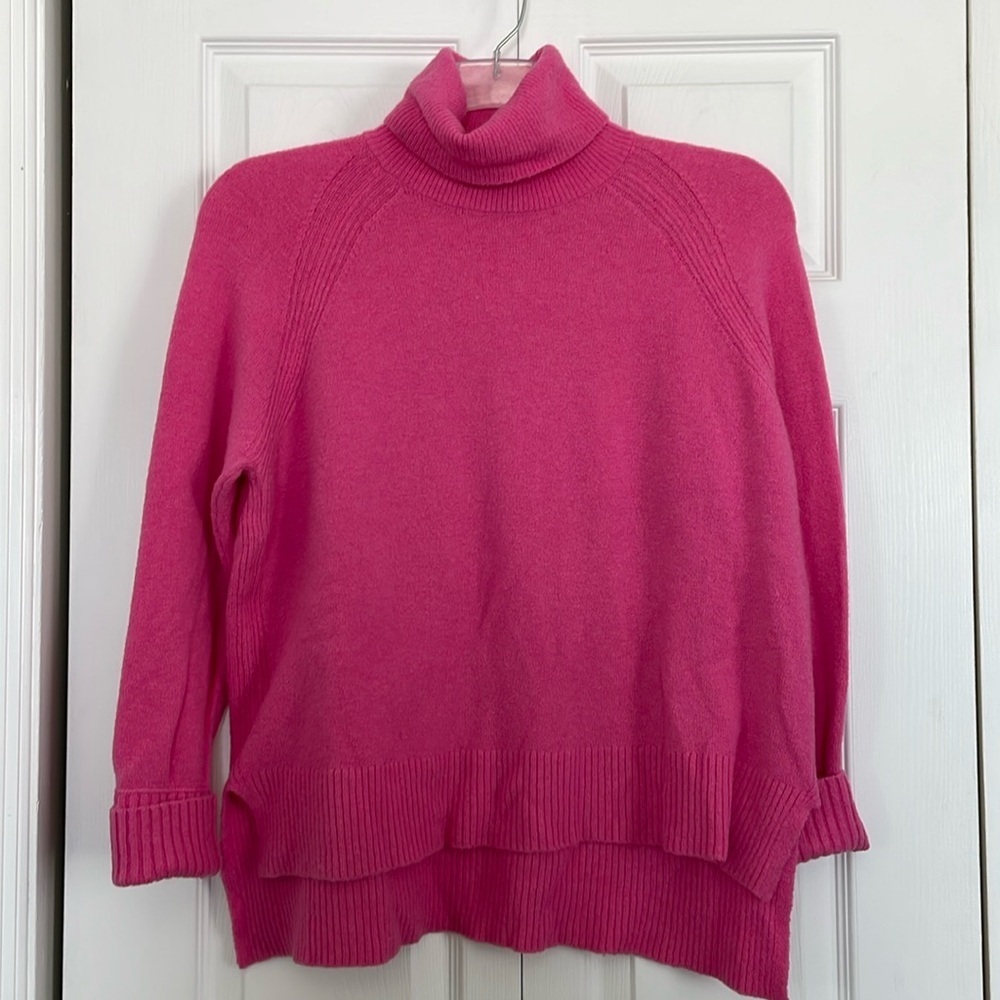 Women’s J.Crew pink turtleneck sweater 30% wool 10% alpaca shorter in front knit